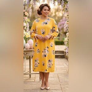 AVA & VIV Yellow Floral Knee Length Shift Dress Tie Sleeve Plus Sz 3X Vibrant